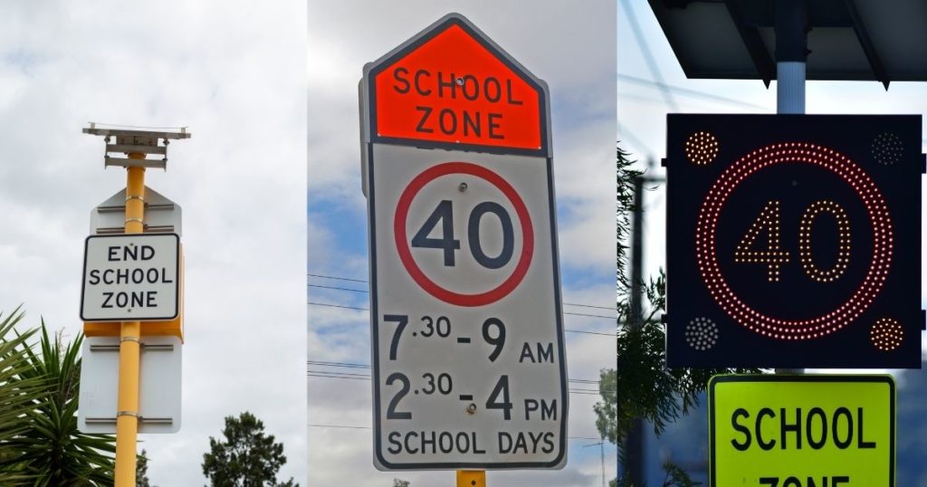 Multiple school zones signs at schools in Western Australia.
