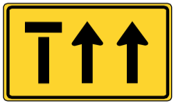 Left lane ends/is closed warning traffic sign.