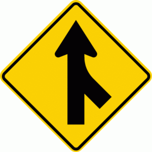 Permanent hazard sign to highlight merging traffic.
