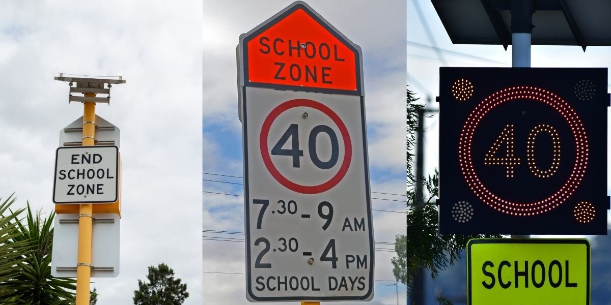 Multiple school zones signs at schools in Western Australia.